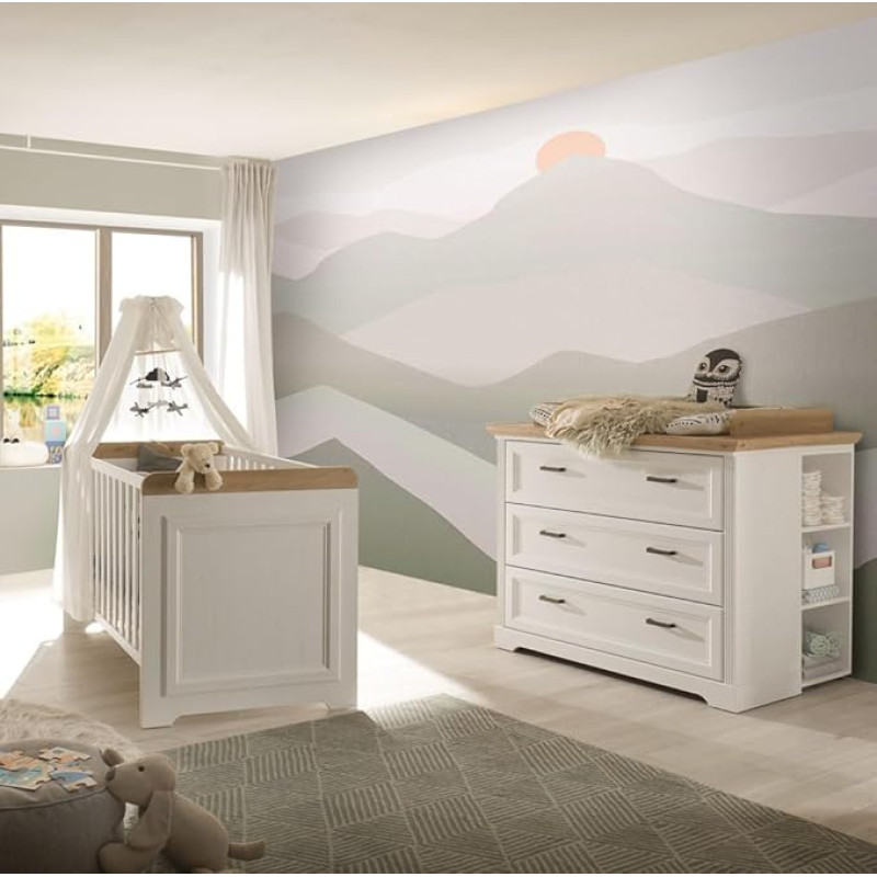 Baby Bed with Changing Table Convertible to Chest of Drawers Country House Style Pine White with Oak