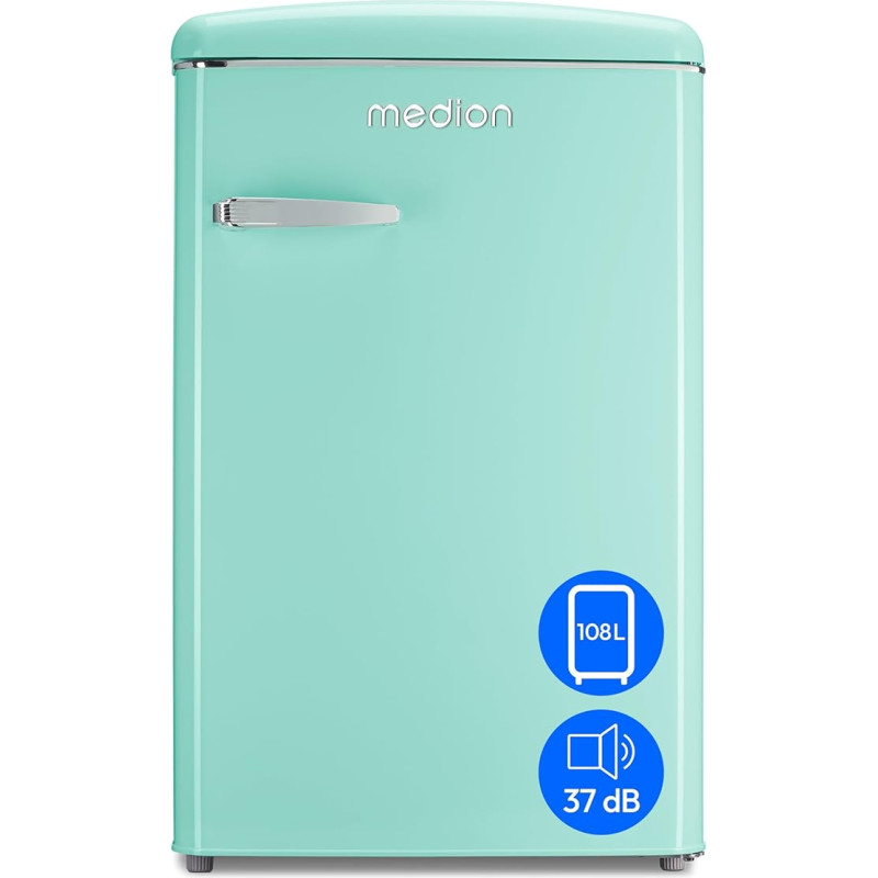MEDION Retro Fridge-Freezer Combination (95 L Fridge, 13 L 4 Star Freezer, 108 Litre Net Capacity, LED Interior Lighting, Continuous Temperature Control, MD 37790) Green
