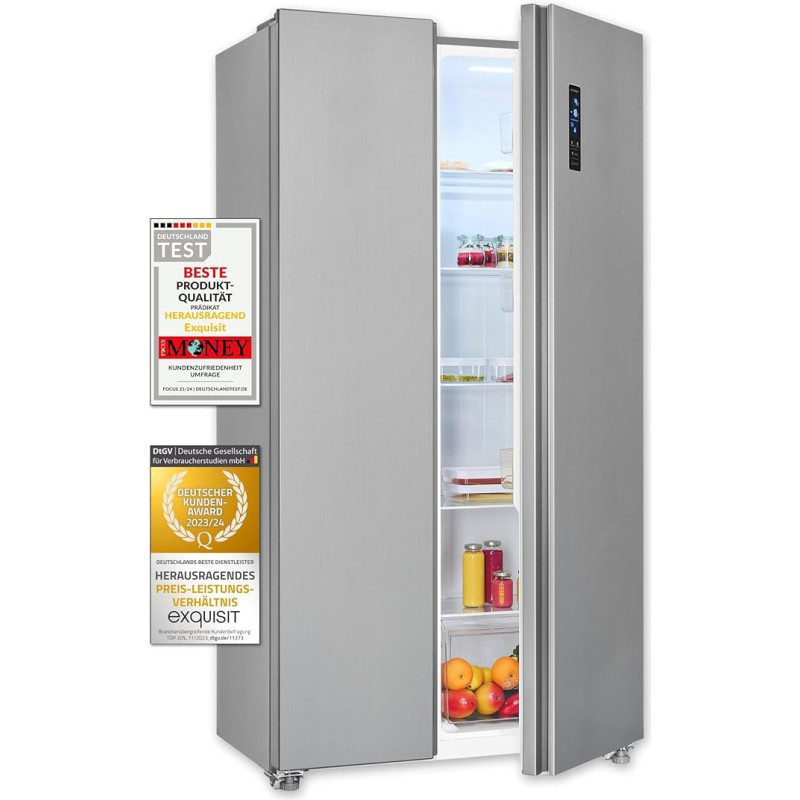 Exquisit Side-by-Side Fridge, Fridge-Freezer, NoFrost, 442 Litres, Quick Freeze, Alarm, 4-Star Freezer, LED Display, SBS546-040E Inoxlook