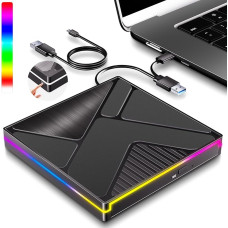 JBonest RGB väline CD DVD draiver USB 3.0 Type C, väline kaasaskantav CD/DVD +/- RW Burner CD mängija Writer, kiire andmeedastus sülearvutile, lauaarvutile, MacBookile, Win11/10/8/7/XP, Linux, Mac OS, Vista
