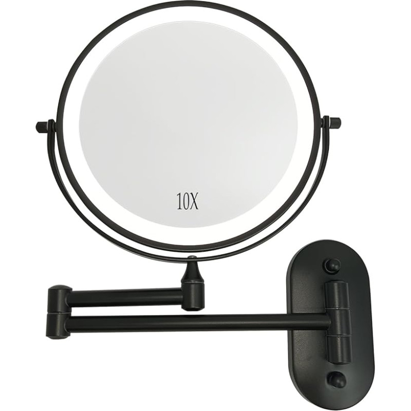 Yarhom kosmeetiline suurendav peegel LED tuledega, 1X/10X kahepoolne suurendamine, laetav vannitoa seinapeegel meikimiseks ja raseerimiseks (must, 10X suurendamine)