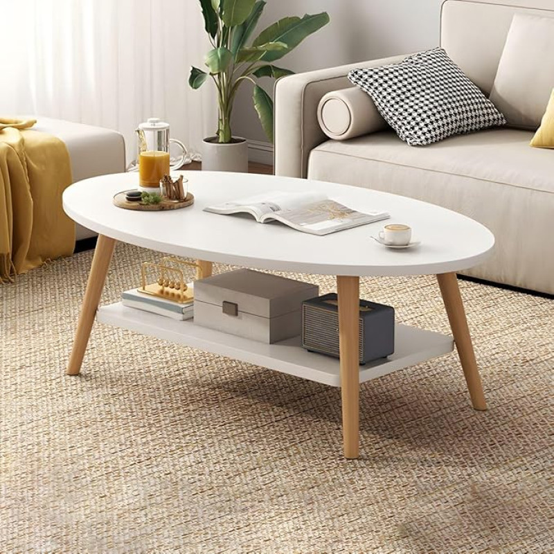 Einfacher moderner Couchtisch aus Holz, ovales Design mit Ablage, Standardgröße für Wohnung, Wohnzimmer, Sofa, natürliches Holz-Finish, ideal für Balkon und Teezeit