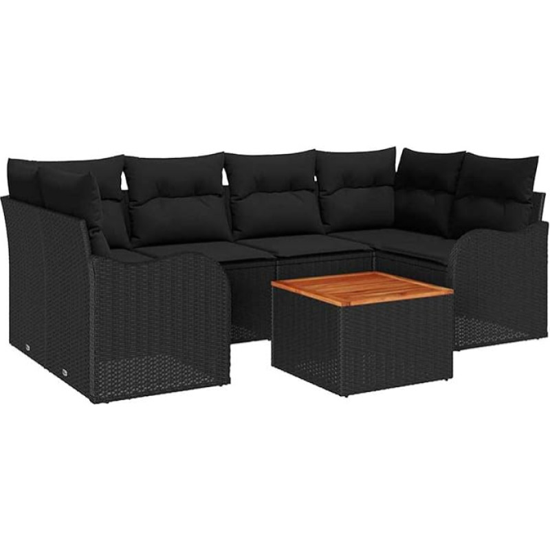 Rantry 7-teiliges Garten-Sofa-Set mit Kissen Schwarz Poly Rattan Akazie, 2-Sitzer Garten-Sofa mit Stauraum & Kissen Schwarz Poly Rattan Gartenlounge Model3356077