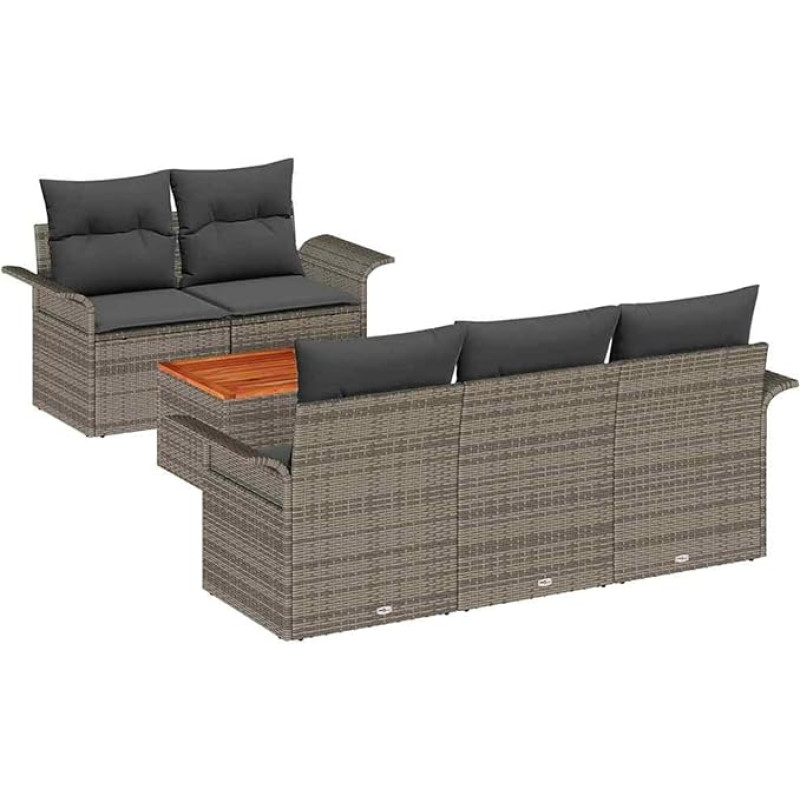 Rantry 6-teiliges Garten-Sofa-Set mit Kissen Grau Poly Rattan Akazie, 2-Sitzer Garten-Sofa mit Stauraum & Kissen Grau Poly Rattan Gartenlounge Model3355934