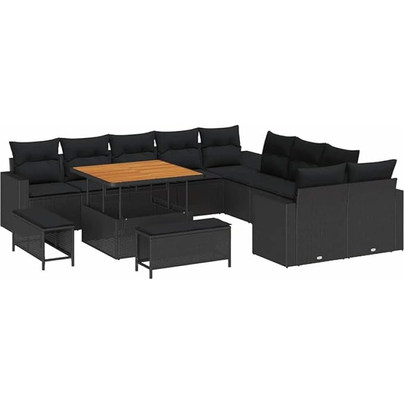 Rantry 13-teiliges Garten-Sofa-Set mit Kissen Schwarz Poly Rattan Akazie Gartenlounge Model3363614