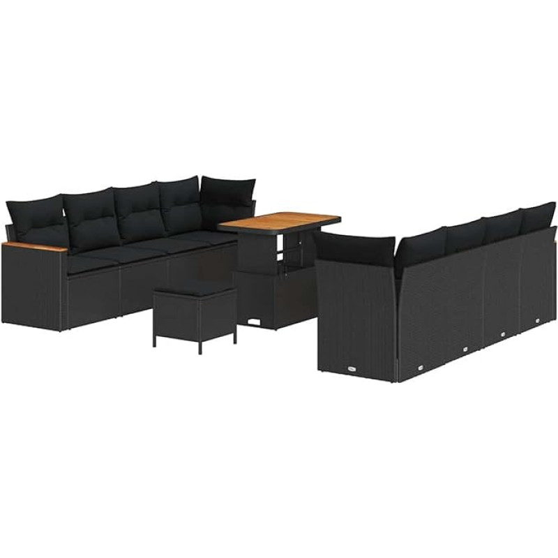 Rantry 11-teiliges Garten-Sofa-Set mit Kissen Schwarz Poly Rattan Akazie Gartenlounge Model3363019