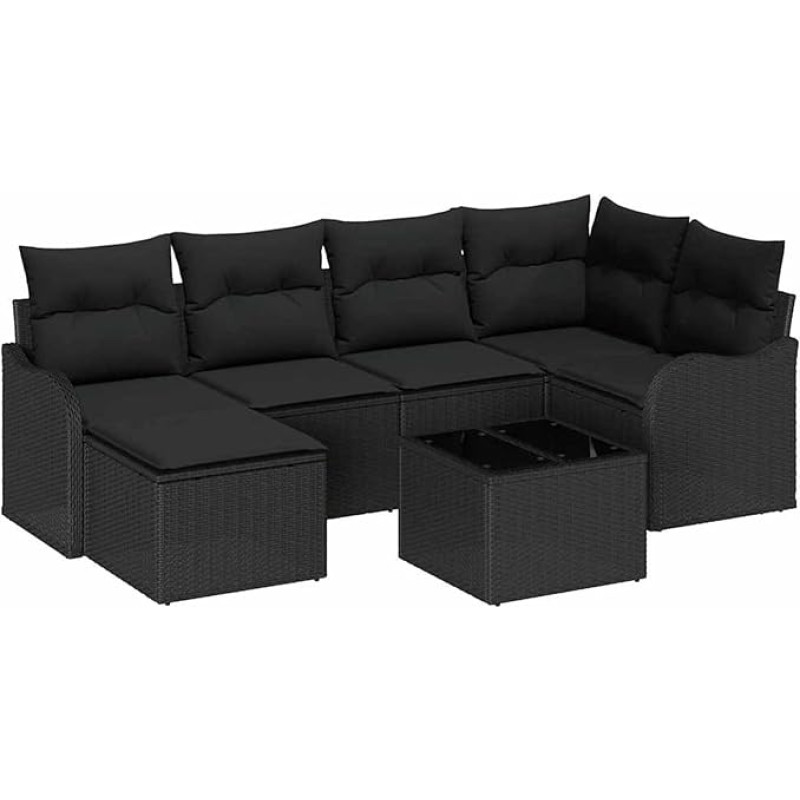 7-teiliges Garten-Sofaset mit Kissen Beige Poly Rattan, 2-Sitzer Garten-Sofa mit Kissen Schwarzes Poly Rattan Gartenlounge Model3345783
