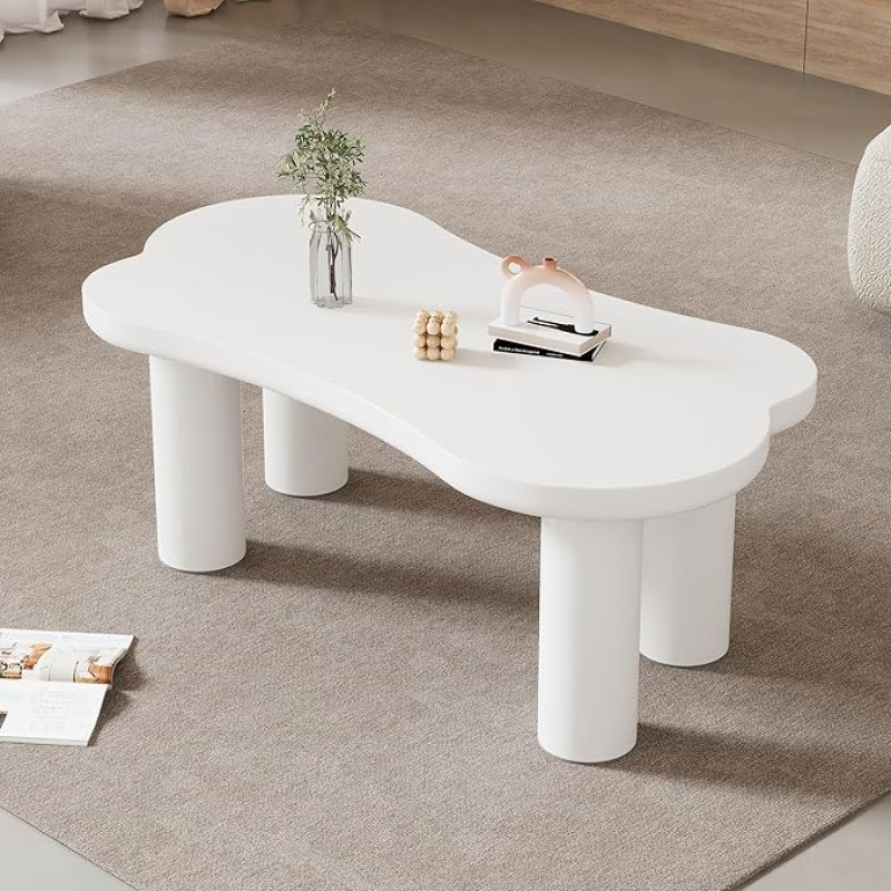 Ebakorrapärane pilvikujuline kohvilaud, pikkus 107 cm, laius 66 cm, kõrgus 40,5 cm, MDF lauaplaat ja PVC jalad, vildist alusplaadiga (valge-2)