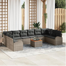 11-teiliges Garten Sofa Set mit Kissen Grau Poly Rattan Akazie 11-teiliges Garten Sofa Set mit Kissen Grau Poly Rattan Akazie