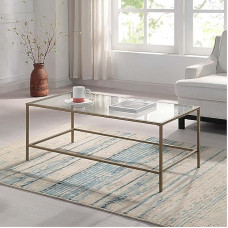 CAWS kuldne kohvilaud, karastatud klaasist, lai ristkülikukujuline kohvilaud kuldse metallraamiga, kaasaegne minimalistlik keskne laud elutuppa, söögituppa, kontorisse, panipaika või