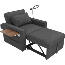 Lamamistool koos unefunktsiooniga ja mobiiltelefoni hoidjaga, 3-in-1 konverteeritav toolivoodi, ühekohaline diivan, TV-tool, diivanvoodi koos kokkuklapitava lauaga väikesesse ruumi, nöörkangas (hall)