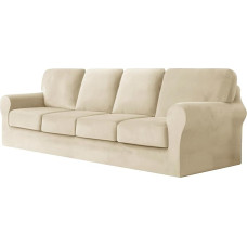 CPCPC Sofabezug, Stretch-Sofabezug aus Samt, Couchbezüge, Möbelschutz mit separaten Sitzkissen und Rückenlehnen, Sand, großes 4-Sitzer-Set, 7-teilig