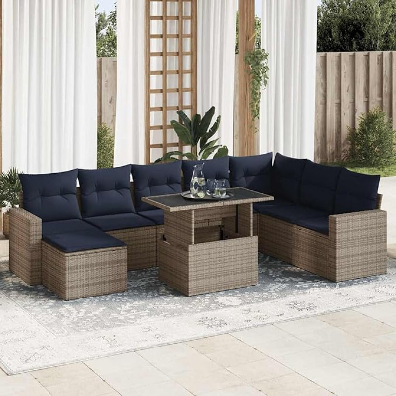9-TLG. Garten-Sofagarnitur mit Kissen Grau Poly Rattan Akazie Gartenlounge Model3326372
