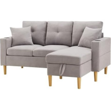 L-kujuline kaasaegne diivan, 3-kohaline diivan koos Chaise Longue'ga, panipaik, sisseehitatud tassihoidja, kaasas 2 padjaga, sobib elutuppa, kontorisse, korterisse jne, video saadaval (helehall)