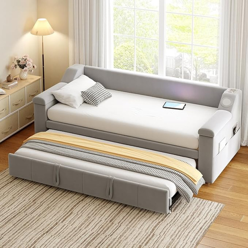 Biqzuya diivanvoodi 90 x 190 cm Bluetooth-kõlariga, XXL käetoed ja integreeritud panipaik Velvet USB-laadimisfunktsioon + lamellraam + liugur (ilma madratsita)