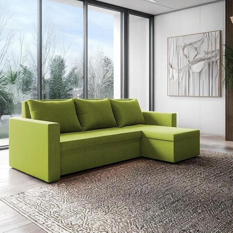 Loft Ecksofa mit Schlaffunktion und Bettkasten Stoff Komfort- Diivan L-Form 225x130x75 cm - Grün, Weicher Pluszbezug, Universell Aufbau Links/Rechts