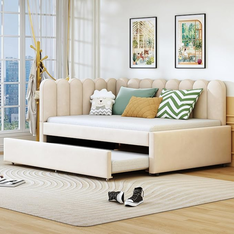 YuQozii L-kujuline polsterdatud voodi, diivanvoodi 140 x 200 cm lillelise seljatoega ja trundle voodi sametkangast (beež)