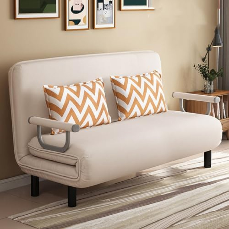 Teisaldatav diivanvoodi, 3 in 1 kokkupandav voodi 5 reguleeritava seljatoega ja padjadega, laisk lesilaua diivan, väike futon tool, diivan väikestesse ruumidesse, valge, 150 cm.