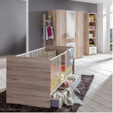 Lomadox Baby Room Set 6 Pieces in Oak with White with Cot, Bed Sides, Bed Drawer, Wardrobe, Clothes Rail, Standing Shelf
