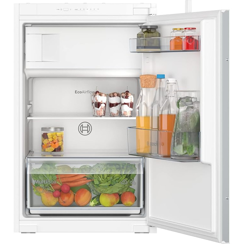 Bosch KIL22NSE0 Built-In Fridge Series 2, Integrated Fridge with Freezer Compartment 88 x 56 cm, 104 L Cooling, 15 L Freezer, MultiBox XXL, LED Lighting, EcoAirflow, SuperCooling, White