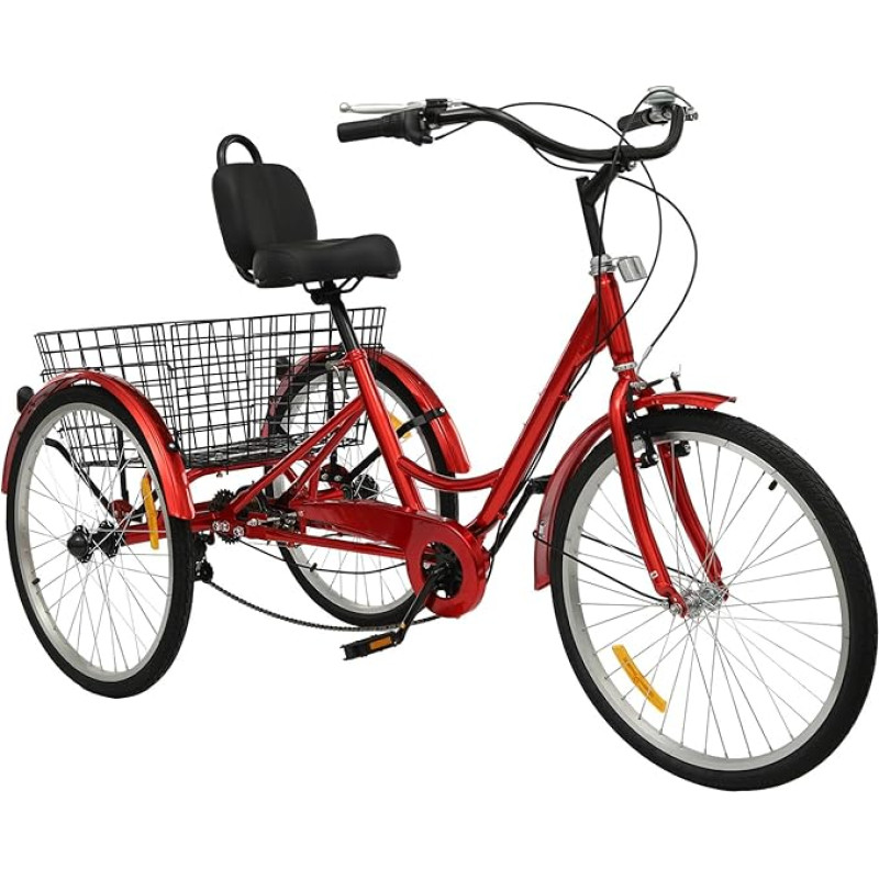 Taozhiyy 24-tolline kolmerattaline jalgratas täiskasvanutele, 3 ratta jalgratas, 7 kiirusega 3 rattaid Cruise Bike koos korviga seljatoega, Trike Trike Tricycle lukustatav, ketaspidur, koormus 120 kg (punane)