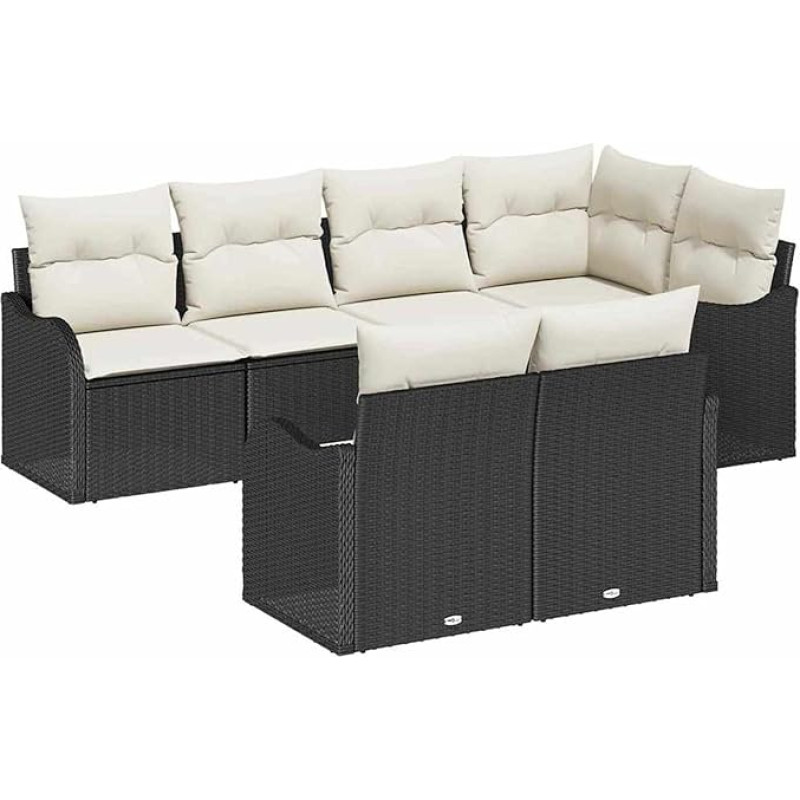 Rantry 7-teiliges Garten-Sofa-Set mit Kissen Schwarz Poly-Rattan, 2-Sitzer Garten-Sofa mit Kissen Schwarz Poly-Rattan Gartenlounge Model3345737