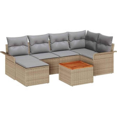 Rantry 7-teiliges Garten-Sofa-Set mit Kissen Beige Poly Rattan Akazie, 2-Sitzer Garten-Sofa mit Stauraum & Kissen Beige Poly Rattan Gartenlounge Model3356019
