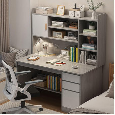 Kaasaegne kontorilaud riiulite ja raamaturiiuliga, arvutilaua sahtlitega, puidust õppetöölaud, hall töölaud, laud kodukontorisse