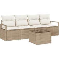 Rantry 5-teiliges Garten Sofa Set mit Kissen Beige Poly Rattan, 2-Sitzer Garten Sofa mit Kissen Beige Poly Rattan Gartenlounge Model3346251
