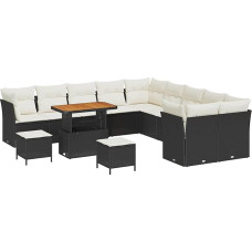 13 teiliges Garten Sofa Set mit Kissen Schwarz Poly Rattan Akazie, 3 teiliges Garten Esstisch Set mit Kissen Schwarz Poly Rattan Akazie Gartenlounge Model3361545