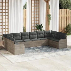 10-teiliges Garten Sofa Set mit Kissen Hellgrau Poly Rattan, 2-Sitzer Garten Sofa mit Stauraum & Kissen Hellgrau Poly Rattan Gartenlounge Model3354551