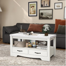 Kohvilaud 40-tolline marmorist ja valgest tammest 2-tasandiline ristkülikukujuline paksendatud puidust kesklaud elutuppa koos sahtlitega väike ruum lihtne kokkupanek kodumööbel (ladustamine).