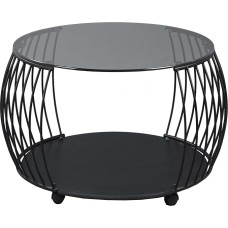 Rataste ja klambriga kohvilaud, klaasplaat, MDF, metallraam, hall, must, läbimõõt 60 x 45 cm, elutoa laud, diivanilaud