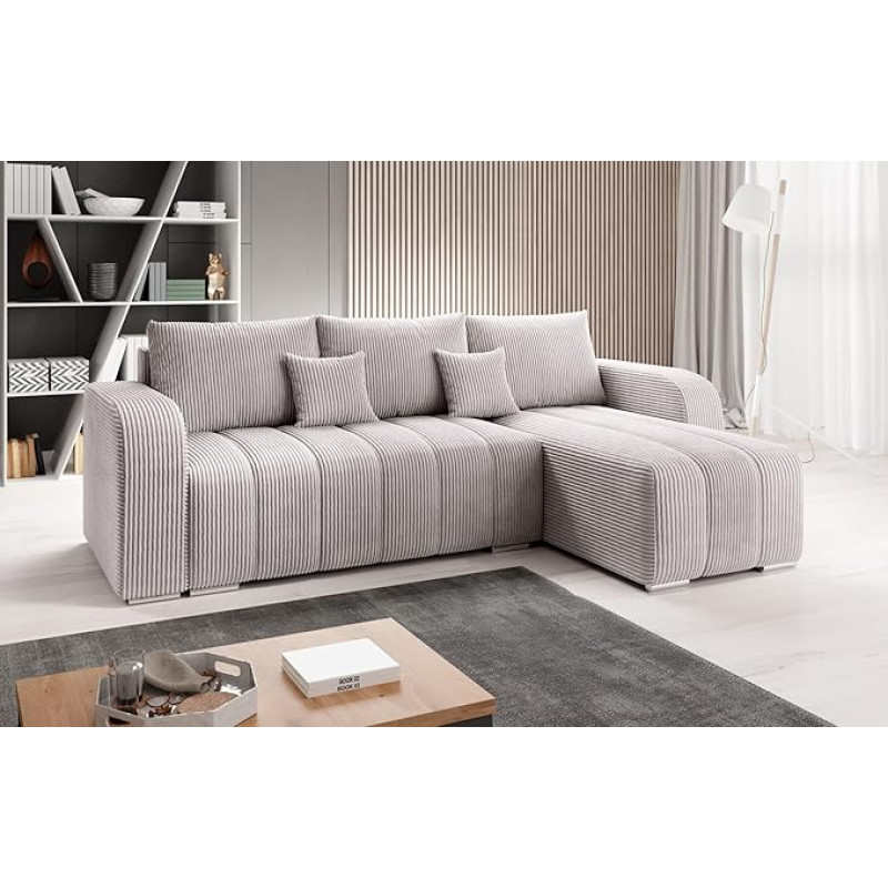 Easy4You nurgadiivan Pufetto Cream Corduroy L-kujuline - 245 x 86 x 147 cm - voodikastiga ja magamisfunktsiooniga diivan - nurgadiivan koos panipaigaga - Corduroy Poso 100 kangas