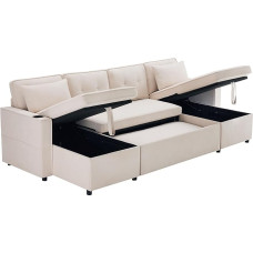 U-kujuline diivan, diivanvoodi magamisfunktsiooniga, polsterdatud diivan, puuvillased ja linased kangad, joogihoidjaga, kaks hoiukohta, sobib peredele, elutubadesse ja muudesse kohtadesse (beež)