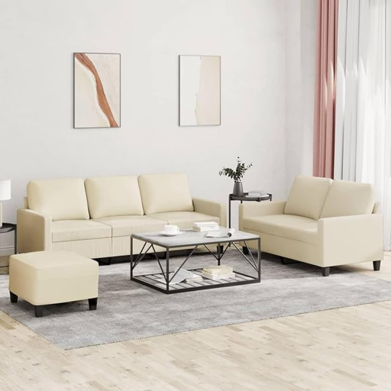 Creme Kunstleder 2- & 3-Sitzer-Sofa mit Fußhocker, max. 110 kg pro Sitz - Sofagarnitur Model3201424