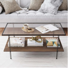 Nathan James Asher keskaegne ristkülikukujuline kohvilaud, klaasist ja puidust viimistlusega, hoiuraam matt metallist jalgadega, soe pähkelpuu/must, soe pähkelpuu/must