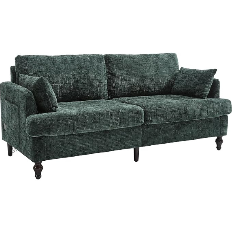 Arhatreya 2-kohaline diivan diivan puidust jalgadega, 2-kohaline kokkupandav diivan koos hoiukoti ja USB laadimisfunktsiooniga, LED-valgusega istumisdiivan elutuppa, magamistuppa, korterisse, šenill, smaragdroheline