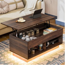 HOMMPA kohvilaud tõstetud hoiuruumiga LED kohvilaud tumedast pähklipuust elutuba 3-tasandiline teelaud hoiuruumi peidetud sektsiooniga ja 2 avatud riiuliga kohvilaud409