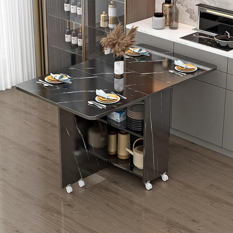 Kaasaskantav kokkupandav söögilaud 6 rattaga ja hoiuruumiga Laiendatav kokkupandav köögisaar Drop Leaf söögitoa laud (must, A120x60cm)