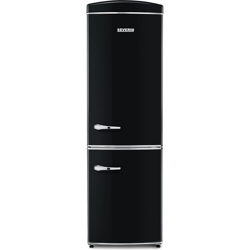 SEVERIN RKG 8998 [EEK E] Double Door Fridge & Freezer Retro Design with Chrome Detailing, No Frost + Fast Cooling/Freezing Function, LED Illuminated, Cooling Range 0-8°C, 315L Volume, 41dB, Black