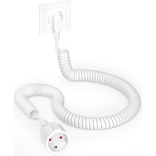 Maanduskontaktide spiraalne pikendus, 1,05 m kuni 5 m veniv spiraalkaabel koos maanduskontaktide mähise ja maanduskontaktide ühenduskohaga, (230 V/16 A) PVC pikenduskaabel, IP20, valge