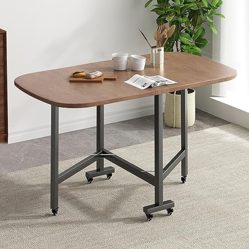 Klappbarer Esstisch auf Rädern, stabiler Rahmen aus Karbonstahl, PVC-Oberseite, 150 kg Kapazität, perfekt für Esszimmer und Wohnzimmer, platzsparendes Design (neutrale Farbe)