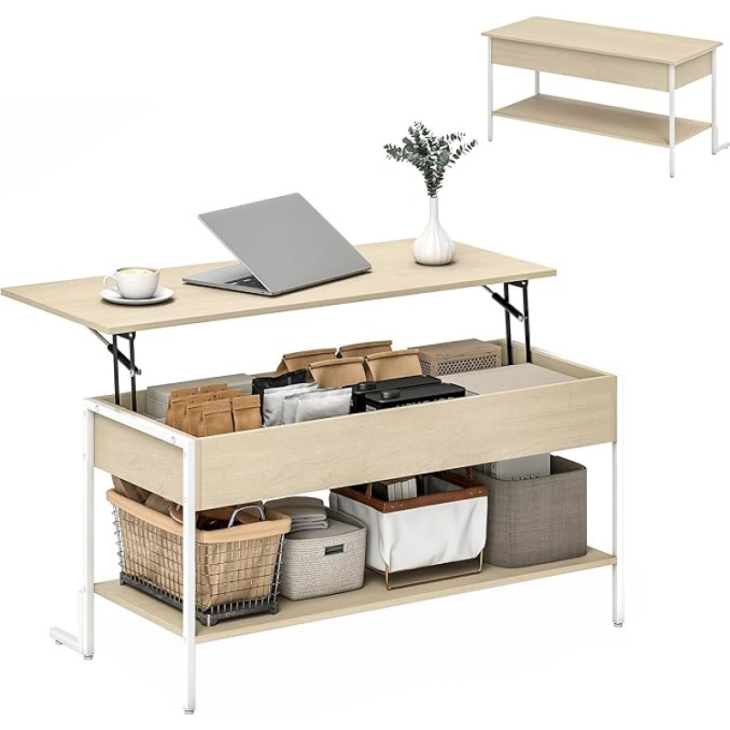 HOMCOM Tõstetav kohvilaud pehme sulgemisega varjatud hoiuruumiga ja avatud riiuliga 95 x 40 x 59 cm Looduslik ja valge