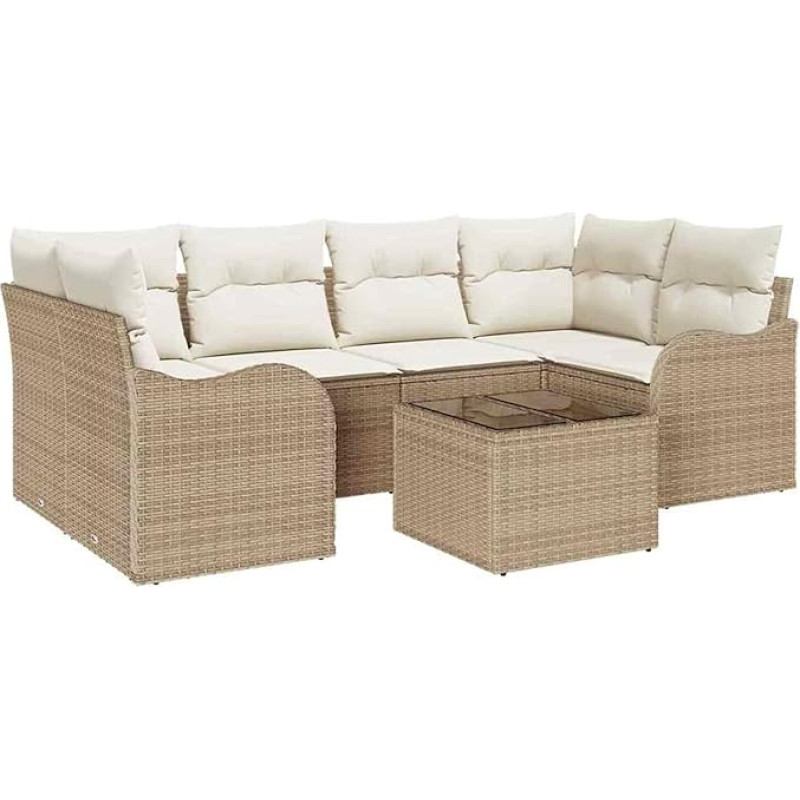 Rantry 7-teiliges Garten Sofa Set mit Kissen Beige Poly Rattan, 2-Sitzer Garten Sofa mit Kissen Beige Poly Rattan Gartenlounge Model3345601