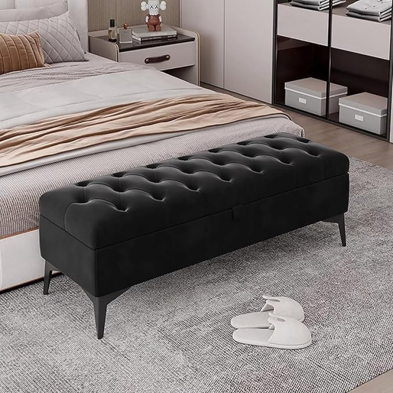 Multifunktionaler Klapptisch, Getuftete Samt-Ottomanenbank mit Stauraum, moderne gepolsterte Fußbank am Bettende, Fußstützenhocker mit Metallbeinen for Schlafzimmer, Wohnzimmer, Eingangsbereich, Marin