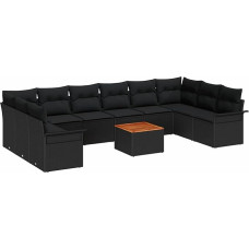 Rantry 11-teiliges Garten Sofa Set mit Kissen Schwarz Poly Rattan Akazie Gartenlounge Model3347380