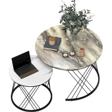 HOMCOM 2 ümmarguse kohvilaudade komplekt, läbimõõt 70/44,5 cm, marmorist lauaplaadi ja metalljalgadega kohvilaud, elutuppa, magamistuppa, väikestesse ruumidesse, moodsas stiilis, hall ja valge