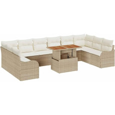 11-teiliges Garten Sofaset mit Kissen Beiges Poly Rattan Akazie, 2-Sitzer Garten Sofa mit Kissen Beiges Poly Rattan Gartenlounge Model3349511