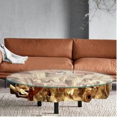 Naga Design Root Wood kohvilaud, 100 cm klaasplaat, käsitööna valmistatud, tahke teakpuu juur, elutoa laud